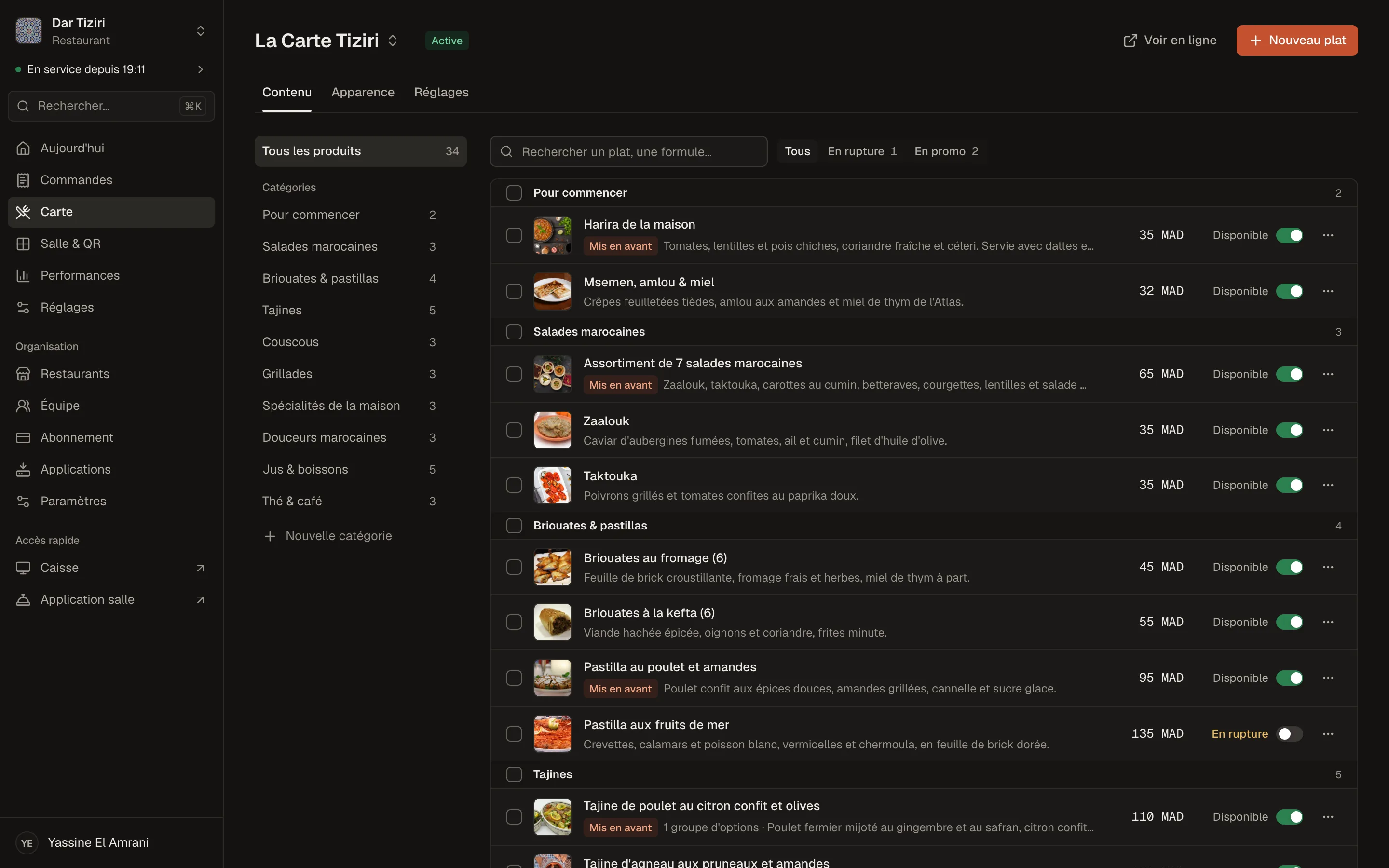 The Menly menu editor: categories, dishes with photos, prices and availability for a demo restaurant.