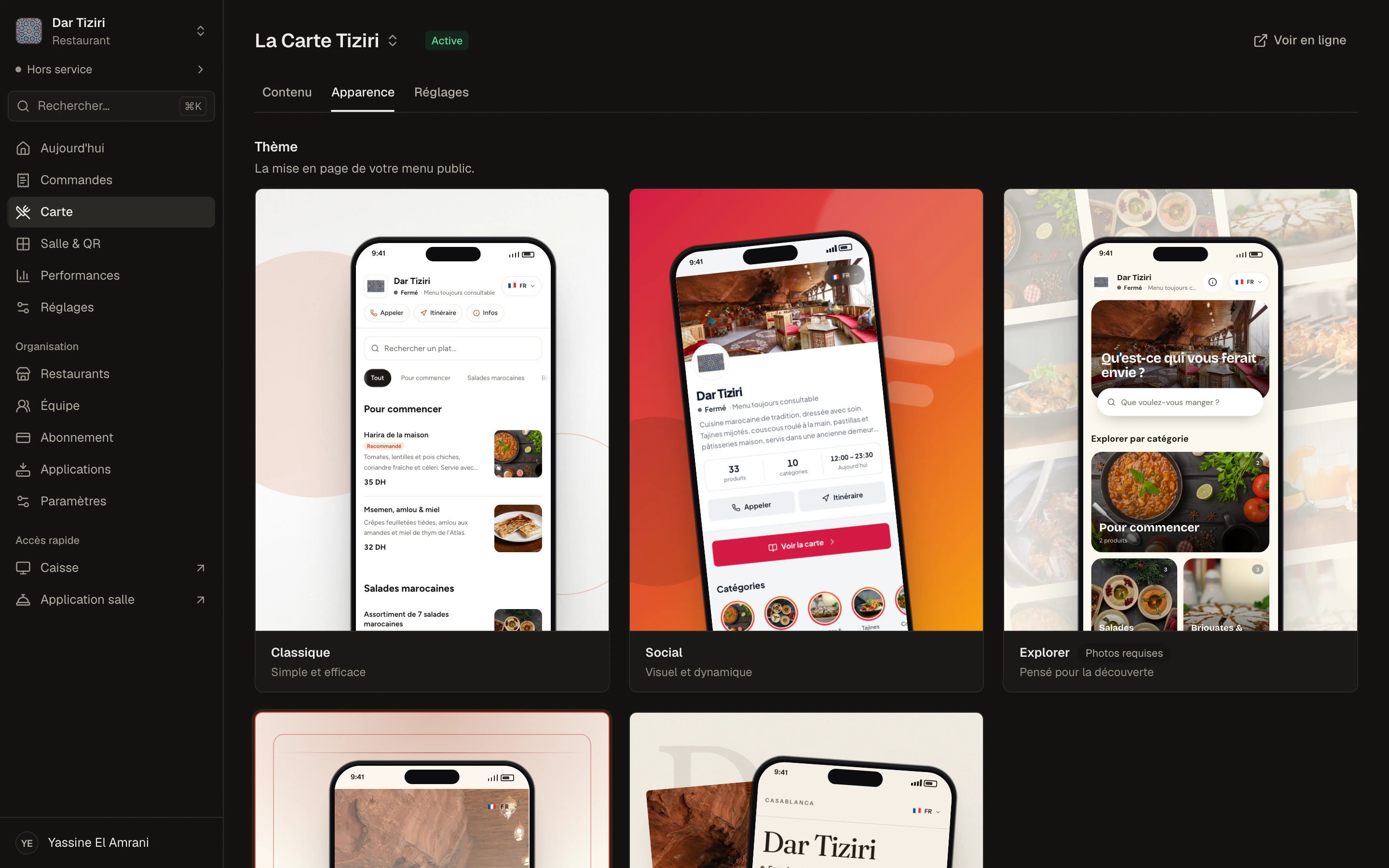 La page Apparence d'un menu : choix du thème, des couleurs et de la navigation, avec l'aperçu du menu client.