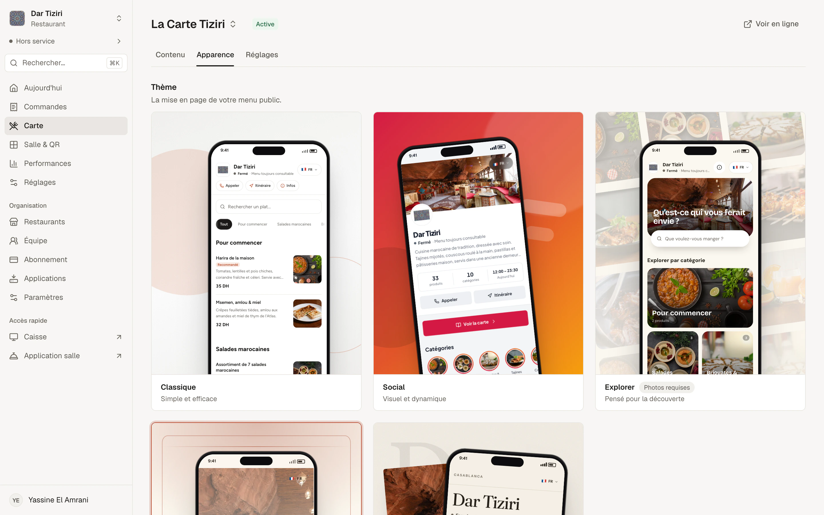 A menu's Appearance page: choice of theme, colors and navigation, with a preview of the customer menu.
