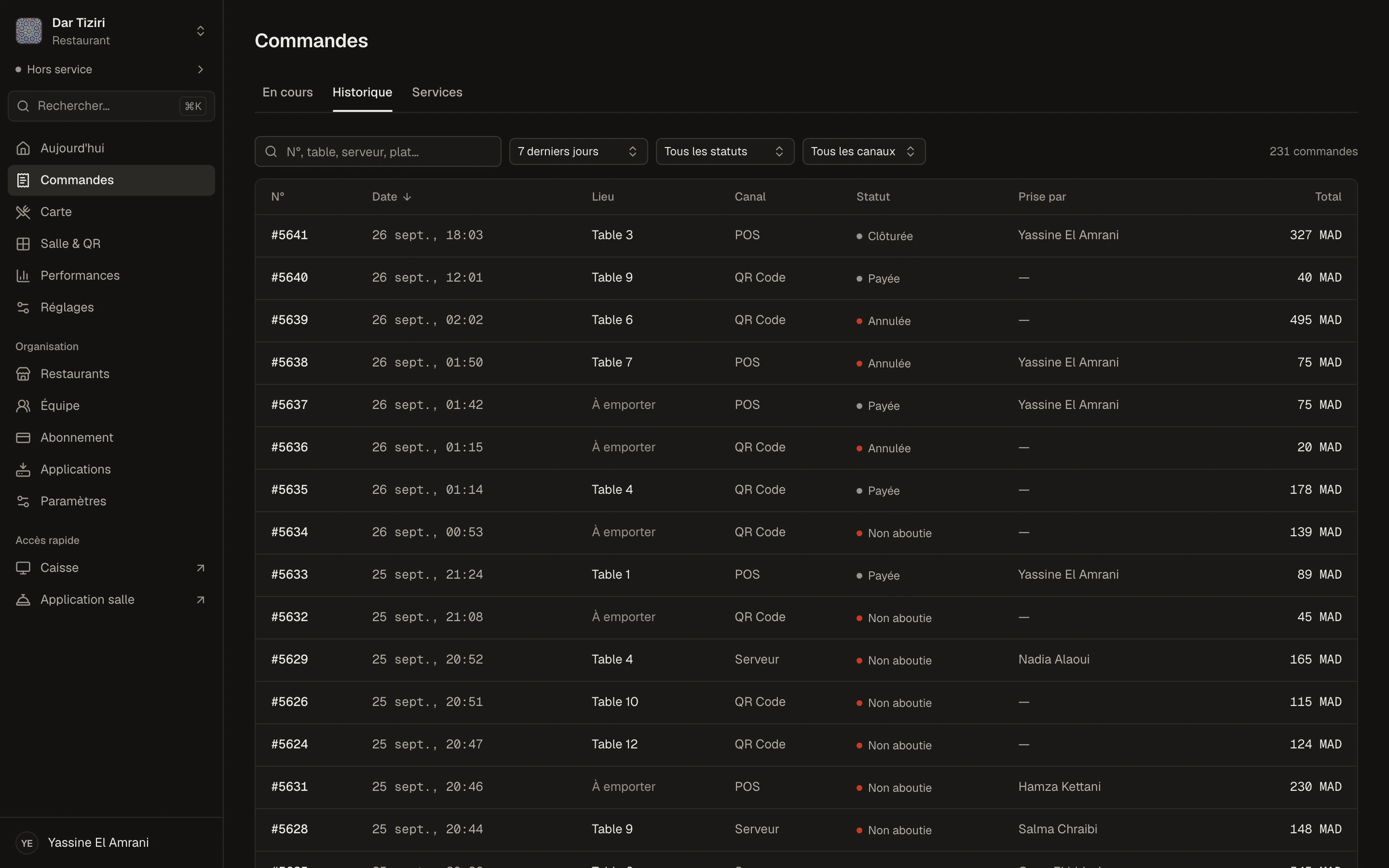 L'historique des commandes : numéro, date, table ou emporter, canal, statut, serveur et montant, avec recherche et filtres.
