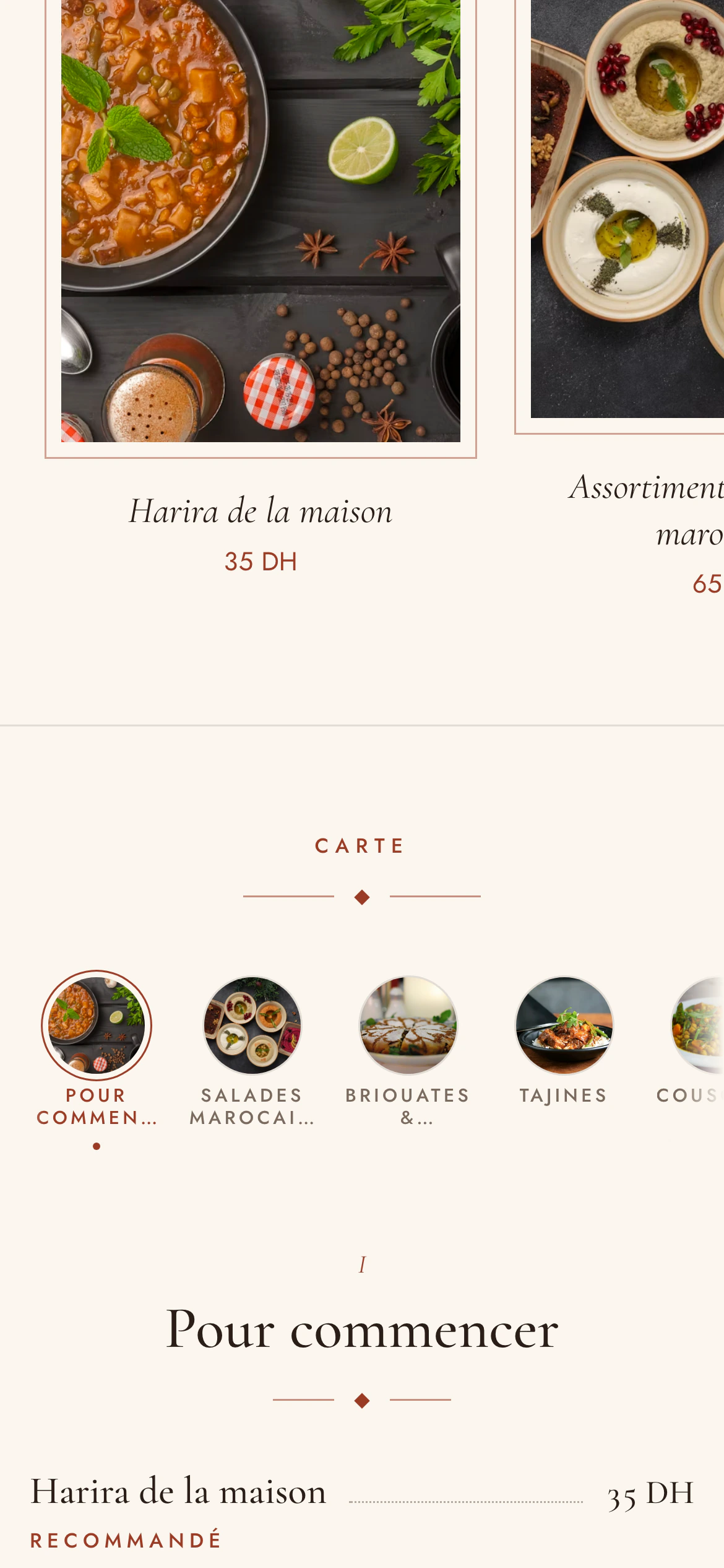 Les catégories et les plats du menu client, avec photos et prix.